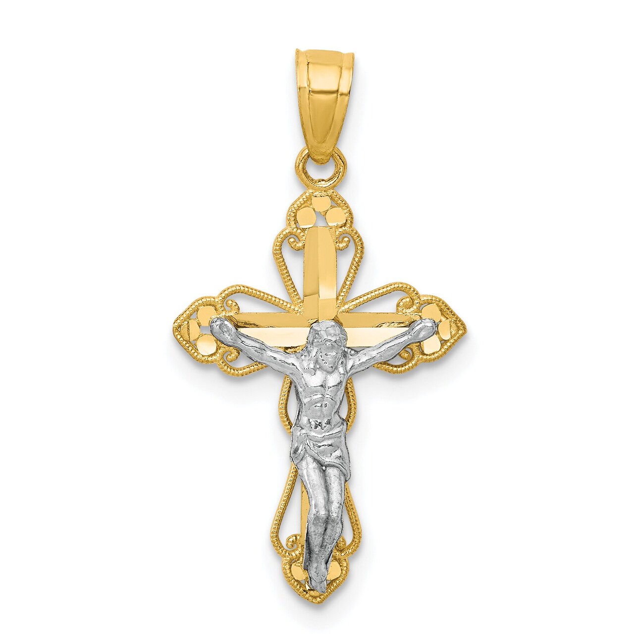 10K Gold & Rhodium Plated Filigree Cross Crucifix Pendant Charm 25mm x 14mm
